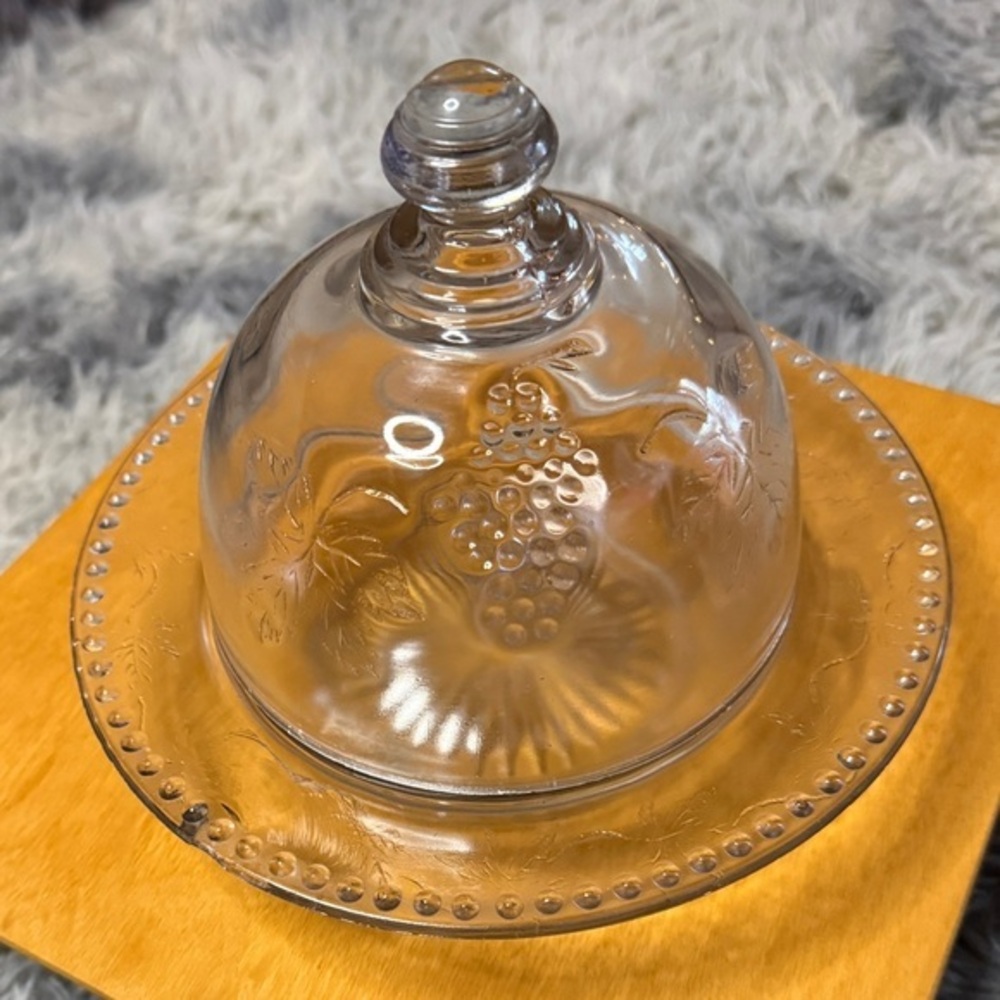 Vintage Glass Dome Covered Butter/Cheese Dish Grape Vine Etched Pattern